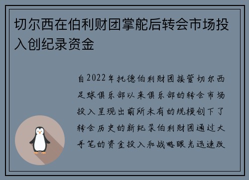 切尔西在伯利财团掌舵后转会市场投入创纪录资金